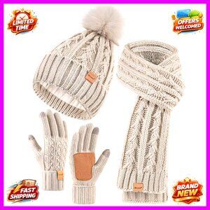 Fleece Lined Winter Beanie Scarf Gloves Set, Touchscreen, Pom Pom